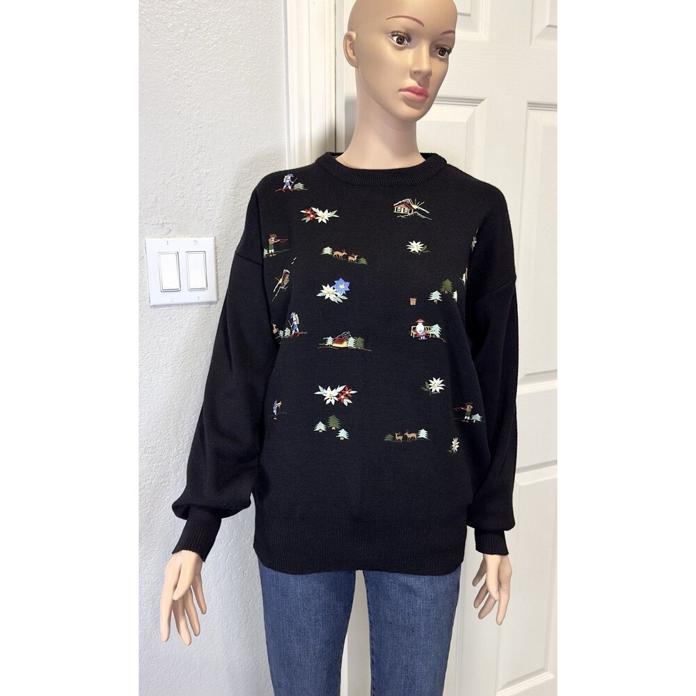 VTG  Meister Women L Wool Blend Ski Sweater Alpine Embroidered Black Apres Ski